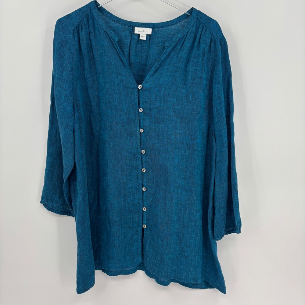 J Jill Linen Tunic Women Large Teal Button Front 3/4 Sleeve V-Neck Top Linen